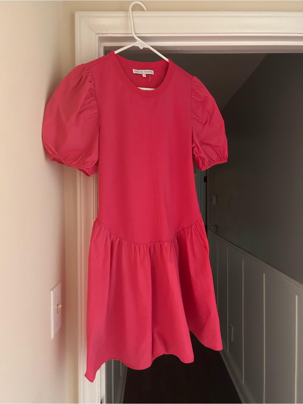 English Factory Hot Pink Puff-Sleeve Drop-Waist Dress